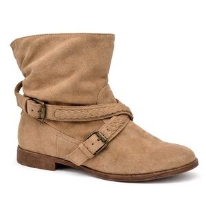 Callia, Faux Tan Suede Ankle Boots – Braided Strap Buckle – Size 7.5 – EUC